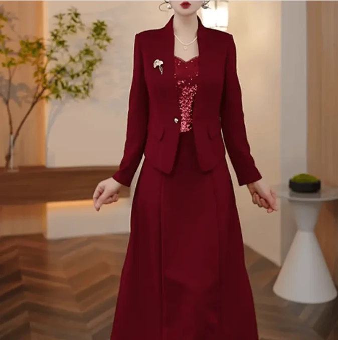 高级华夫格精纺两件套2025秋季新款女时尚显瘦外套连衣裙婚宴套装