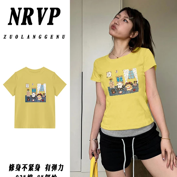 运补卡通可爱印花正肩短袖t恤女简约修身高弹力棉设计感上衣装ins