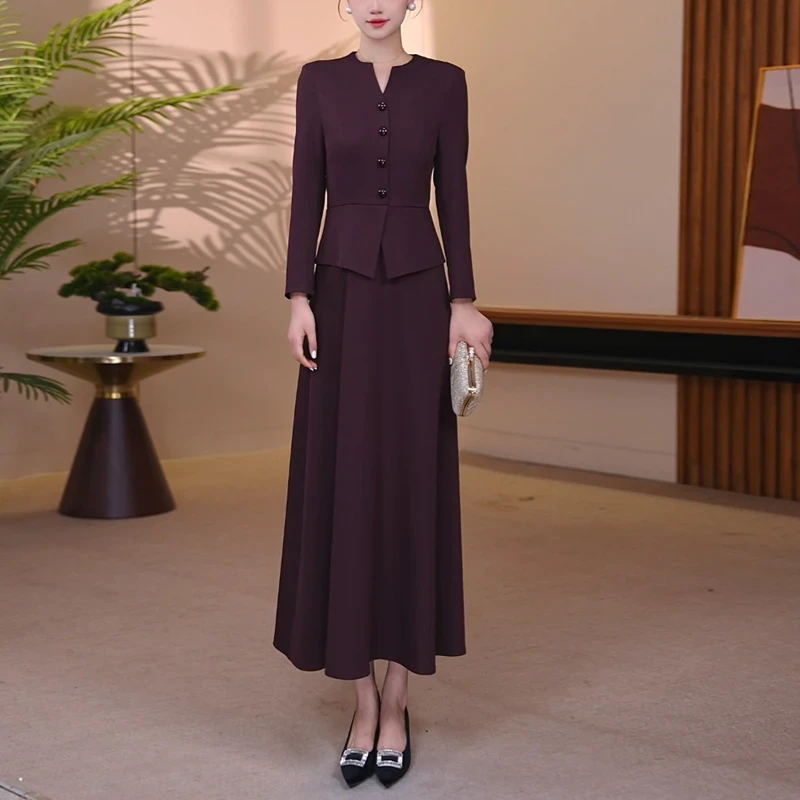 波尔多红大摆连衣裙2025秋季时尚修身收腰显瘦气质长裙