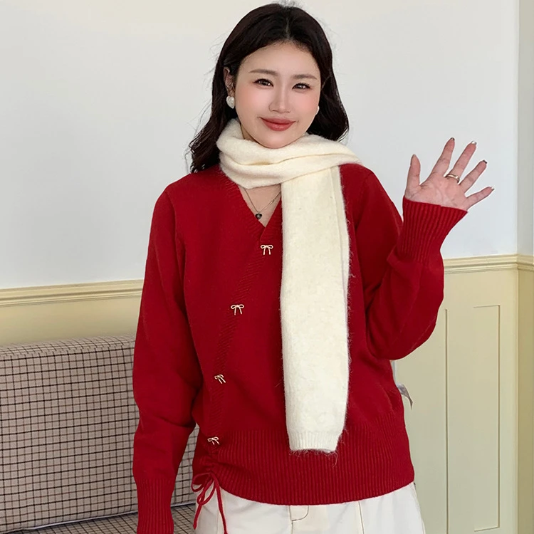 大码女装秋冬新款喜庆新年针织上衣胖妹妹设计感毛衣打底衫