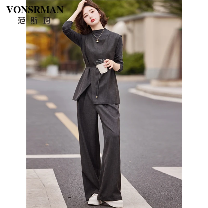 通勤职业气质套装女秋季新款时尚休闲不规则马甲直筒西装裤三件套