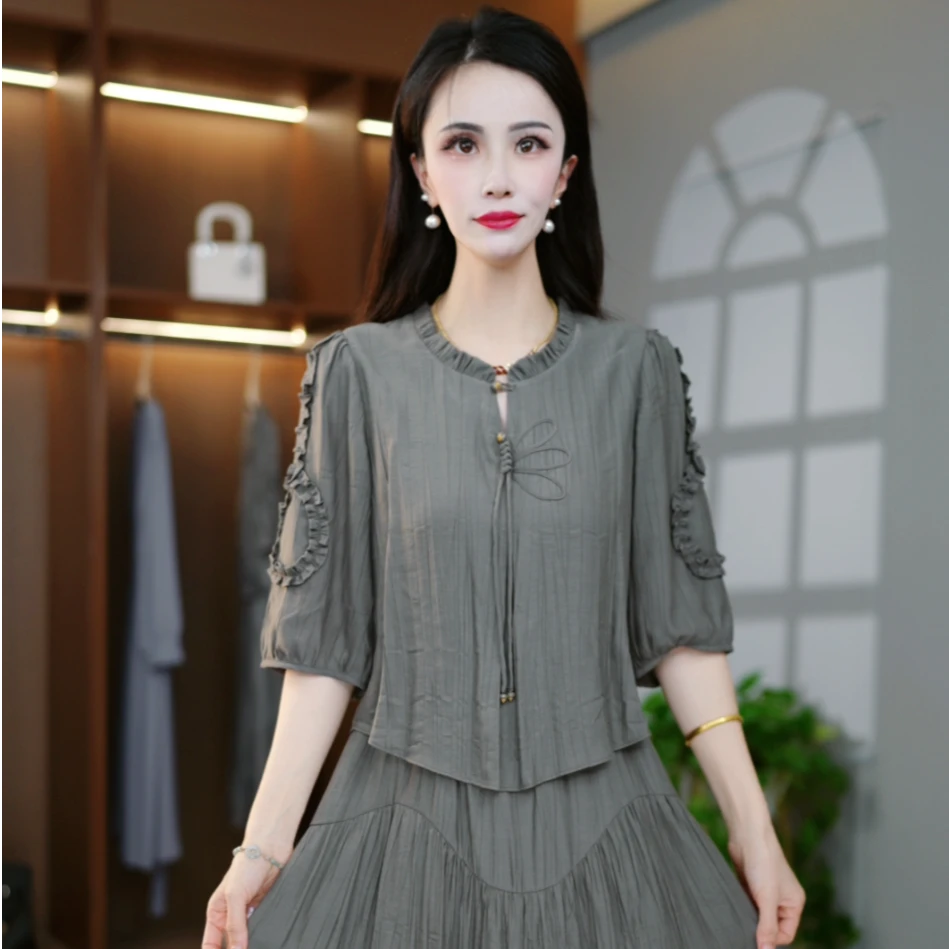 2025夏季气质优雅休闲简约显瘦大方纯色时尚假两件连衣裙M-4XL