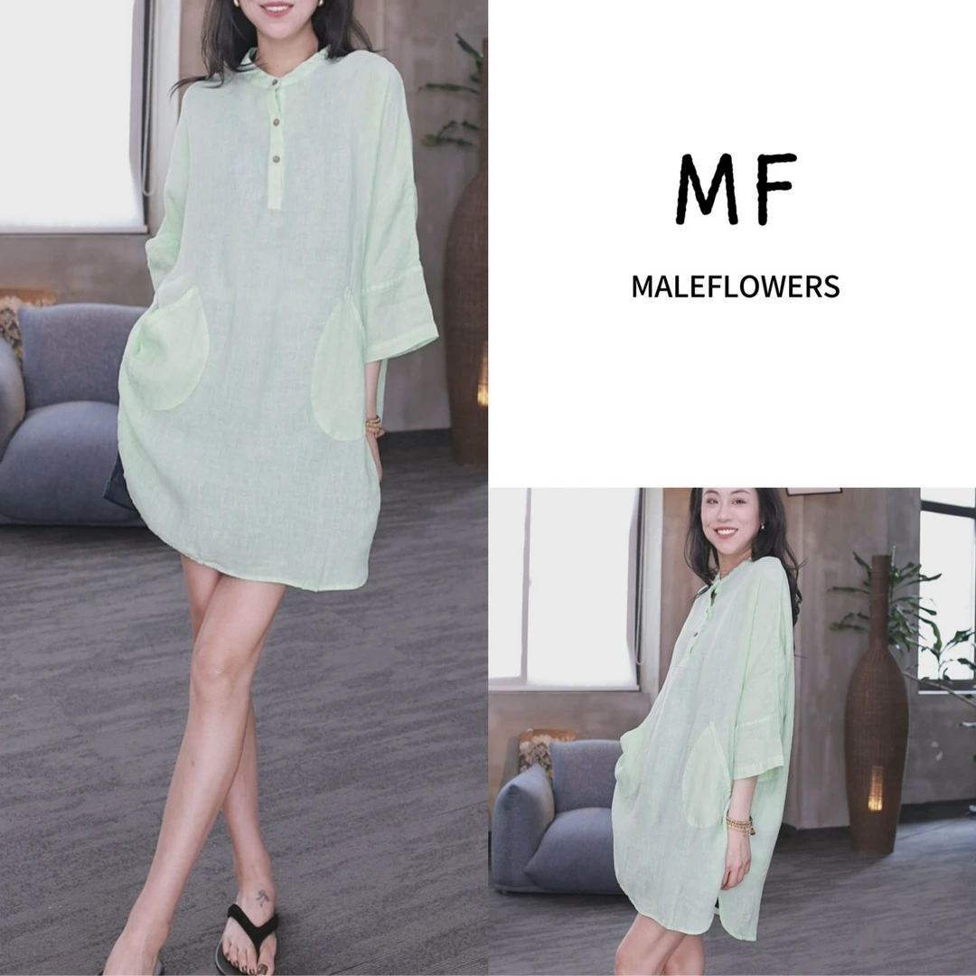 东倪MF 汉麻圆领中长款衬衣夏季新款短袖极简风薄款 85B63012