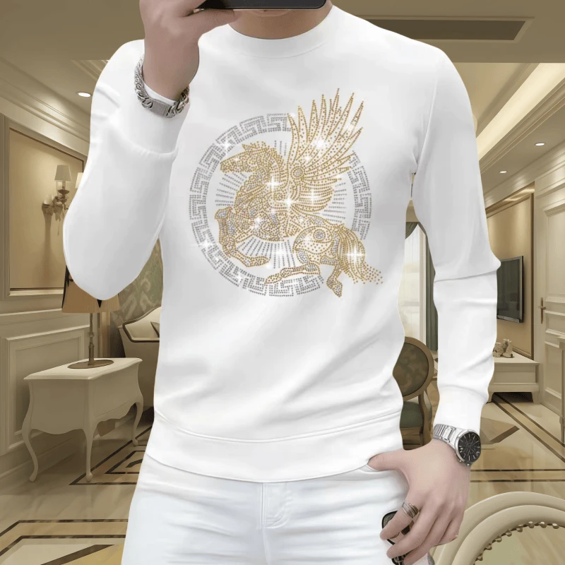 2025欧洲站秋冬季男士新款烫钻时尚圆领潮流百搭修身休闲长袖卫衣