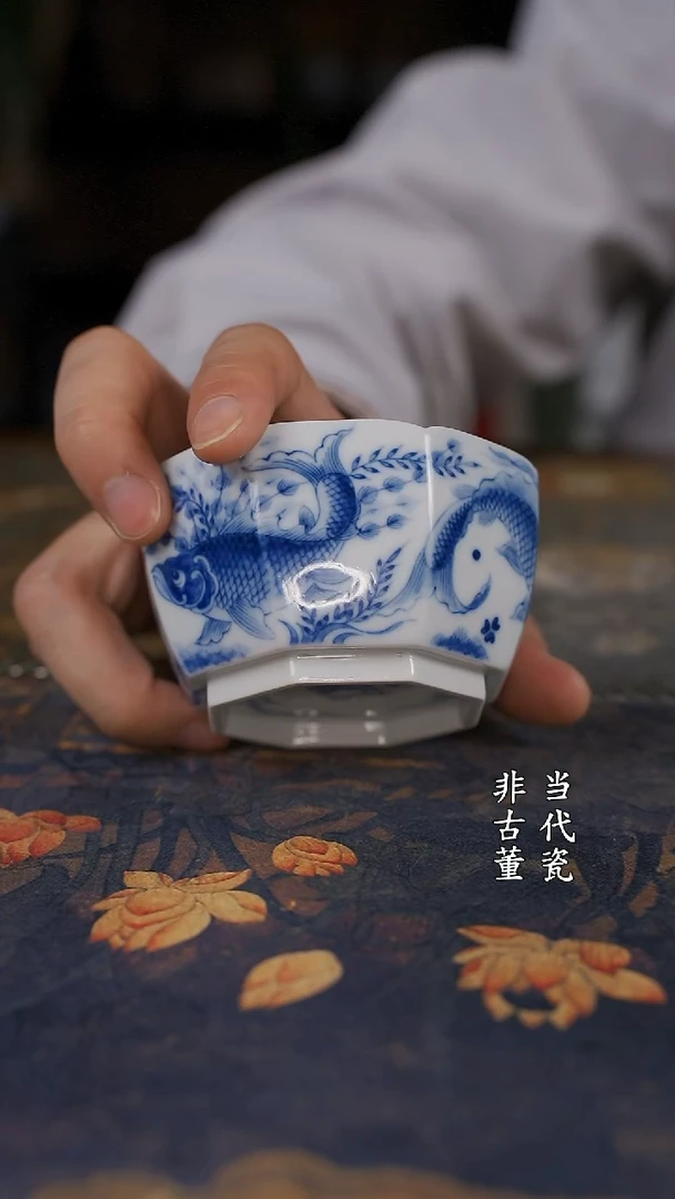 望月怀古满绘鱼藻八方杯