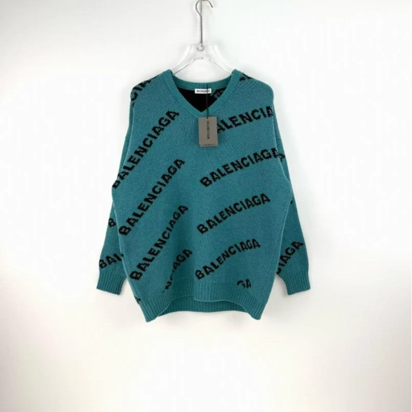 全新未使用 Balenciaga/巴黎世家 V领满印长袖针织 绿黑/34