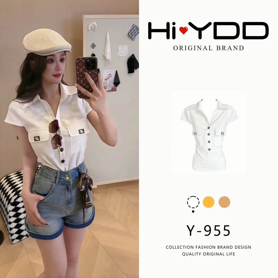 YDD•「Y-955」老钱风小众翻领真口袋修身短袖百搭上衣XZ-8399