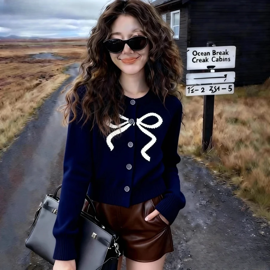 学院风蝴蝶针织开衫女2025年冬装上新韩系百搭单排扣长袖毛衣外套