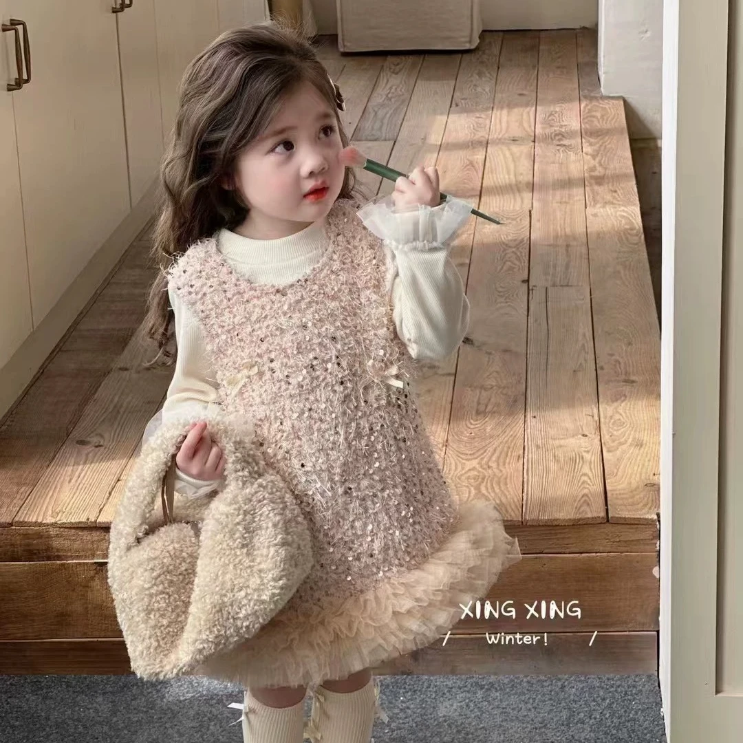 【蓝色小镇】女童小香风加绒连衣裙2024高级感女宝亮片公主裙