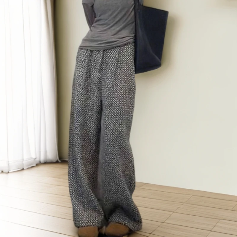裤子女2025秋冬新款慵懒风粗花毛呢高腰宽松显瘦直筒阔腿拖地长裤