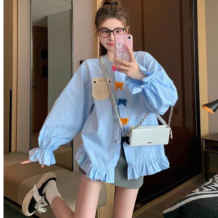 大码胖妹妹条纹蝴蝶结衬衫女早春新款2025设计感法式高级欧货上衣