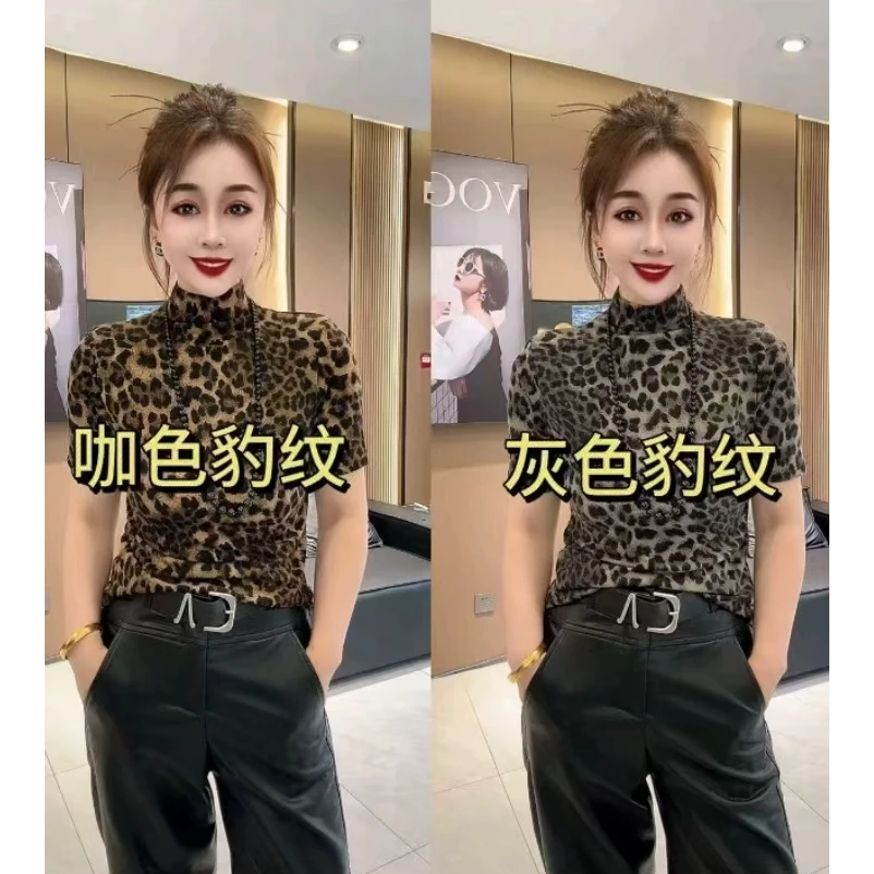 精品时尚豹纹打底衫长袖网红洋气休闲夏季灰色印花咖色长袖网红