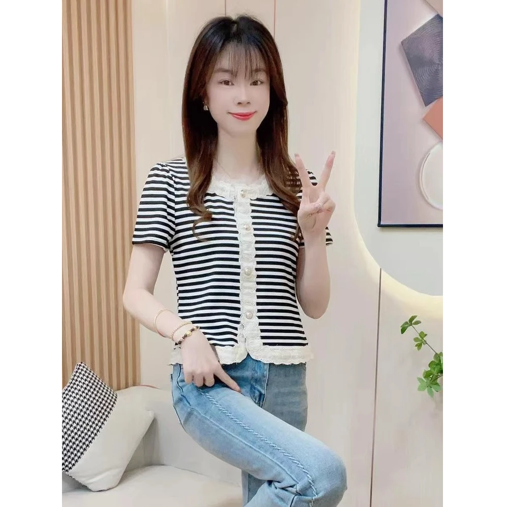 短袖T恤女2025夏季新款洋气法式小香风蕾丝花边小个子短款上衣潮