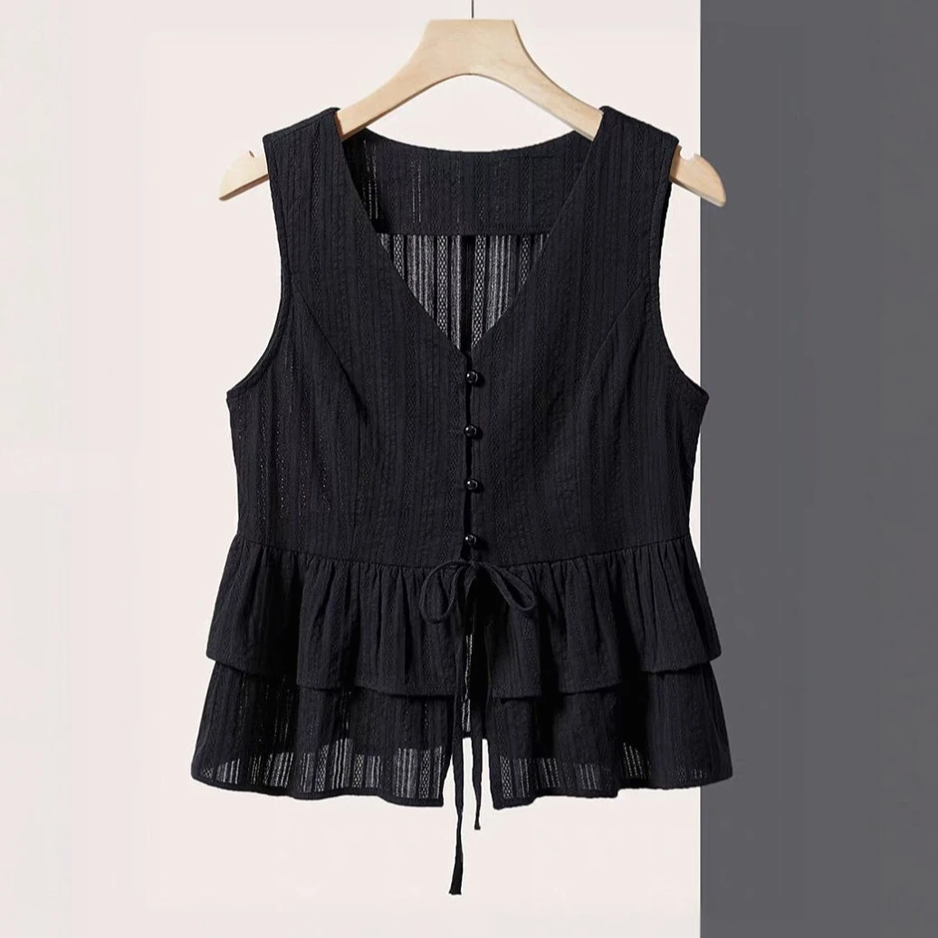 无袖衬衫2025夏装大码女装时尚V领荷叶边设计修身气质通勤衬衣