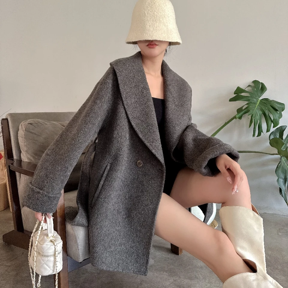 商场同款秋冬百搭系带毛呢外套女士中长款翻领时尚保暖99099