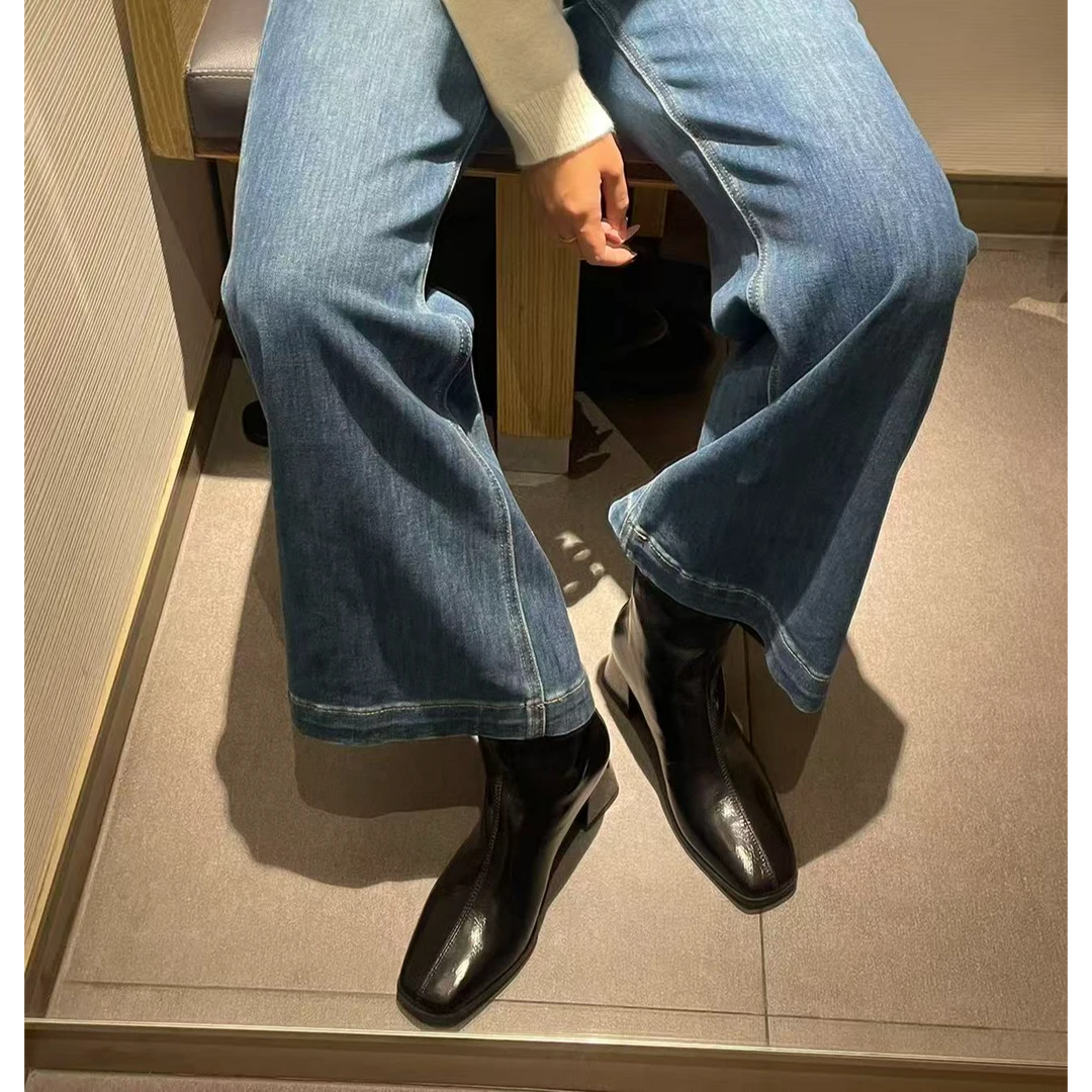 【双十一热卖】LUXESOLE百搭黑色高跟短靴子秋冬城市同款游牧风牛仔