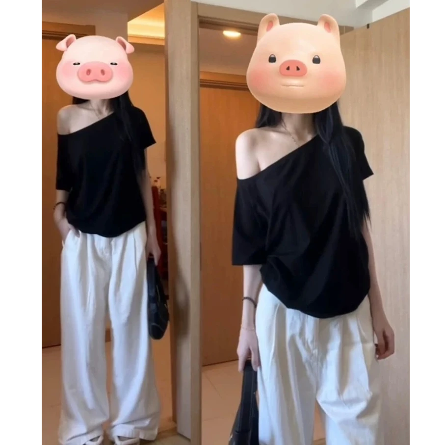 韩系白色斜肩露肩短袖t恤女2025夏季新款宽松显瘦一字肩辣妹上衣