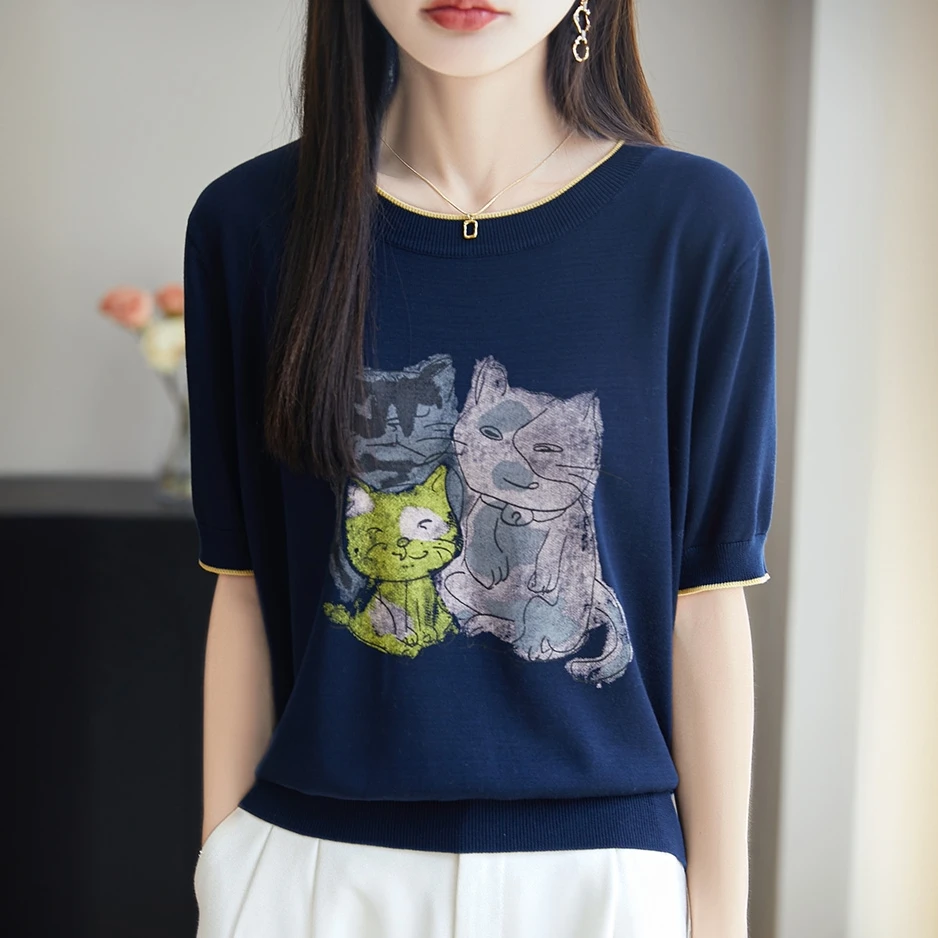 正夏季新款针织衫T恤印花时尚圆领休闲宽松短袖上衣