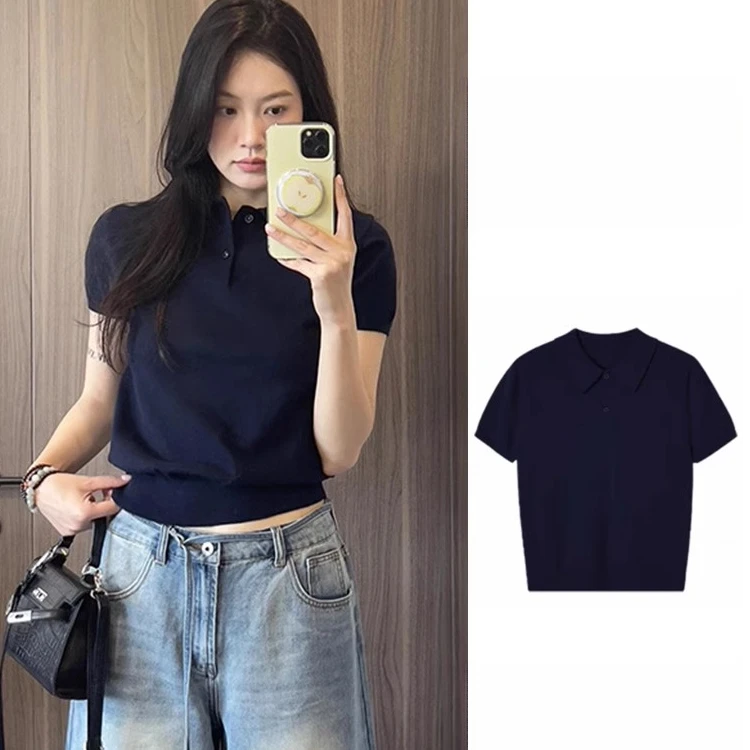 法式气质藏蓝色冰丝polo衫正肩短袖t恤女夏季小个子针织短袖t恤薄