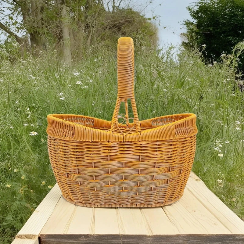 B6棕色元宝造型收纳篮野餐拜拜篮藤编篮子手工户外家用超市买菜