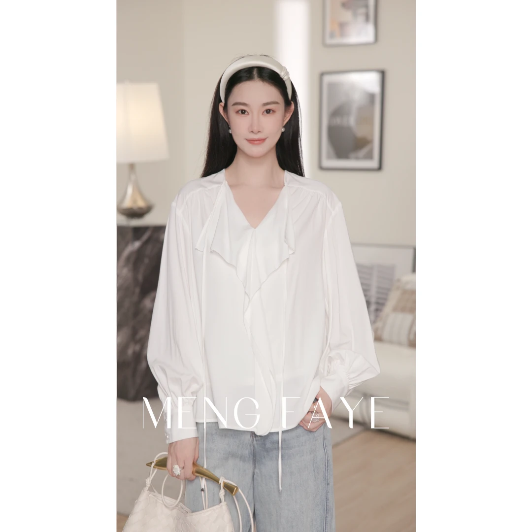 【YINGJIN】"南法"新款设计感法式浪漫云朵柔光荷叶边衬衫-SE0075C