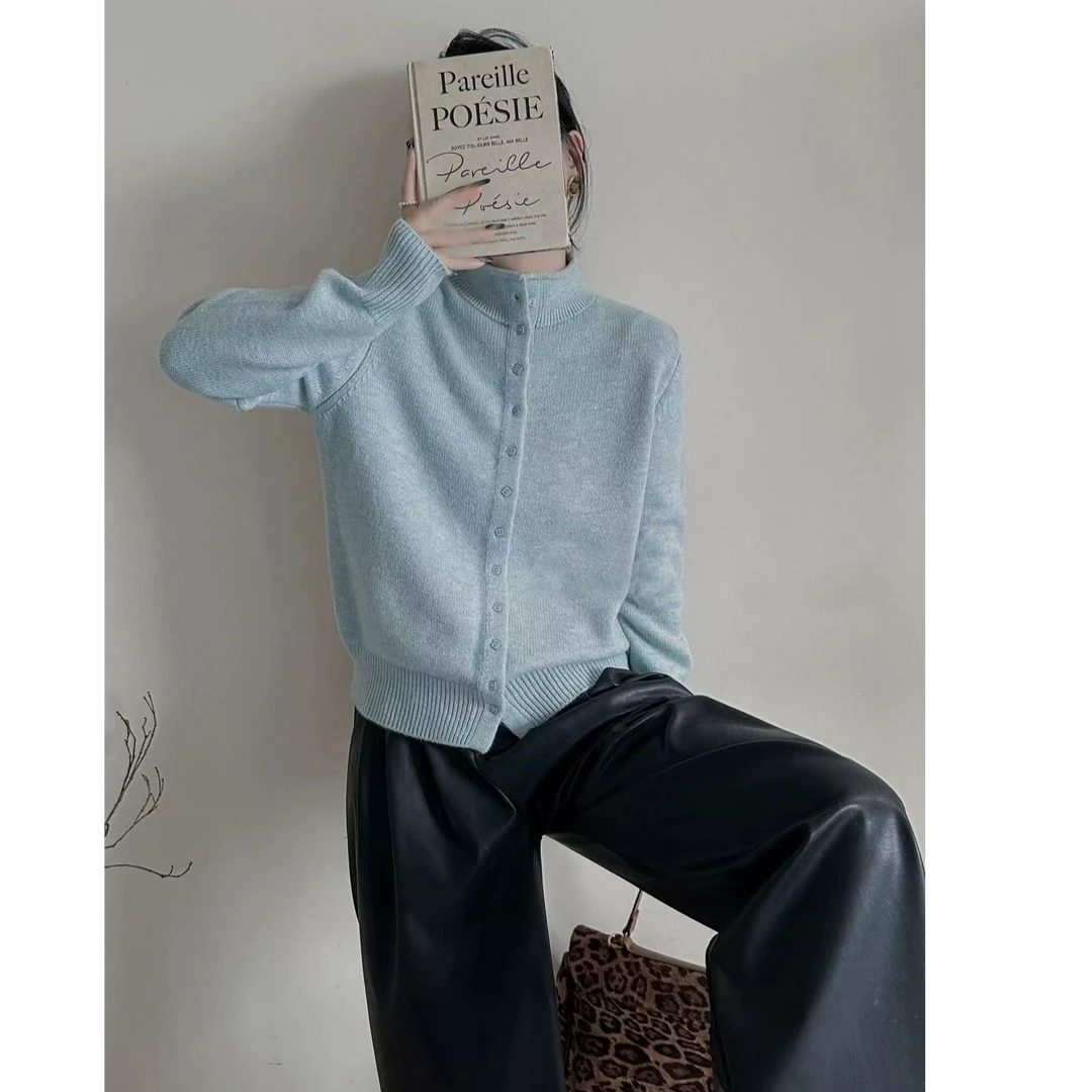 【方糖扣天空蓝】~立领长袖针织开衫秋冬单排扣设计感针织衫