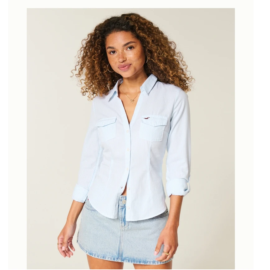 合并Hollister美式小海鸥图案经典款Y2K显腰V领衬衫女装340-5533