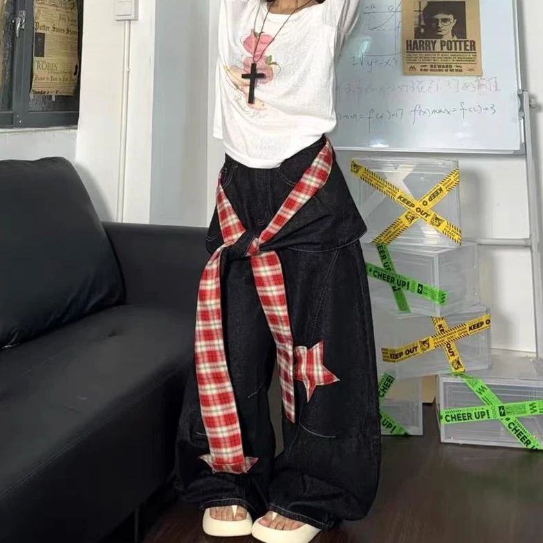 美式星星格子屁帘牛仔裤复古解构cleanfit显瘦宽松阔腿百搭长裤潮
