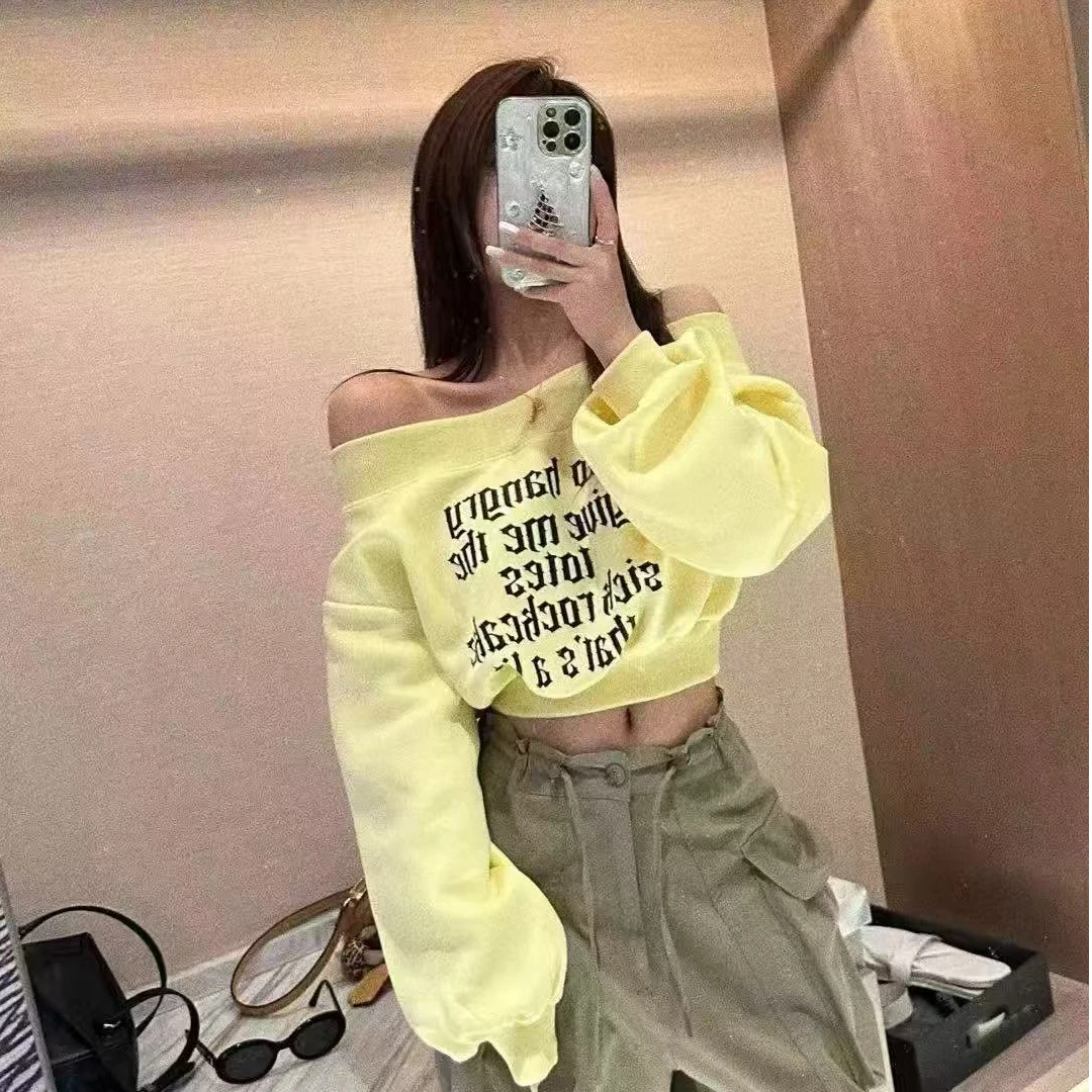 一字肩春季新款无帽美式辣妹露肩小众宽松卫衣