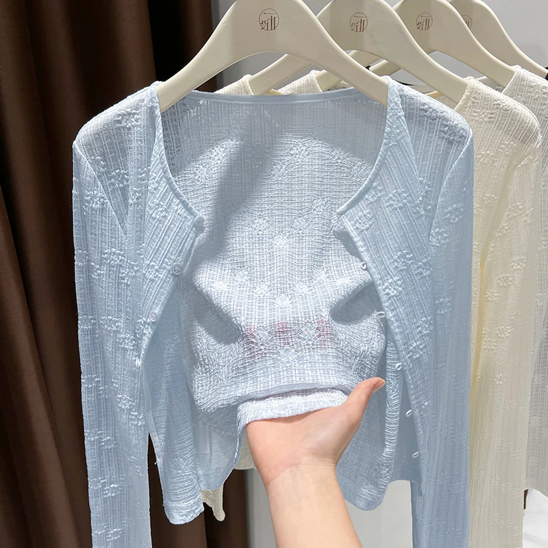 蓝色法式蕾丝圆领长袖开衫外套轻薄软糯外搭气质披肩短款甜美小衫