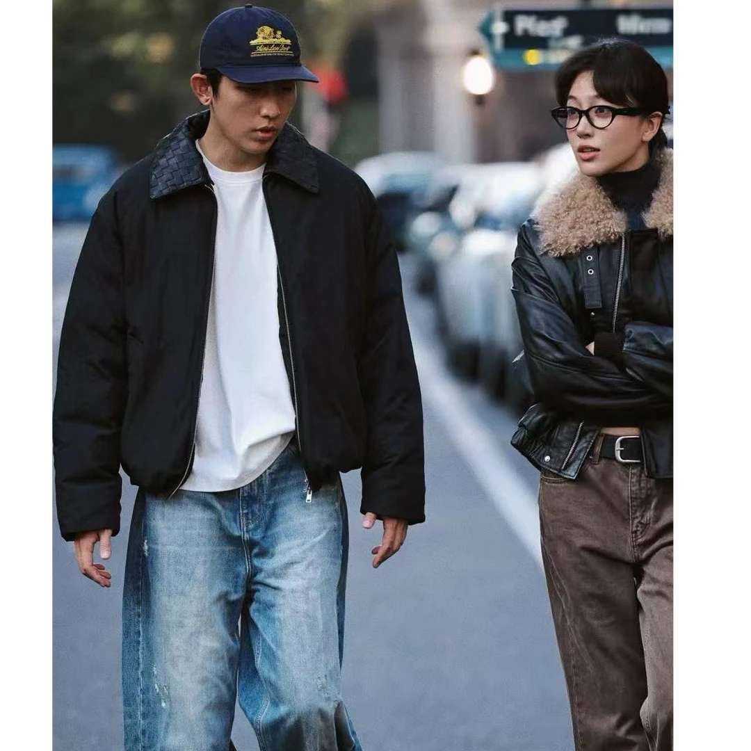 LRAM秋冬羊皮领白鸭绒拉链开合时尚休闲简约男友风高级感外套
