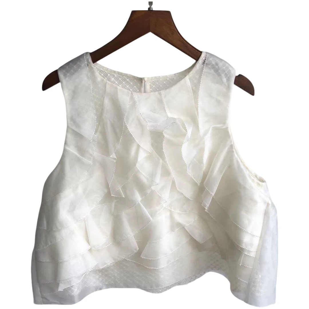 2025新款女装 层叠荷叶边亮片点缀无袖上衣