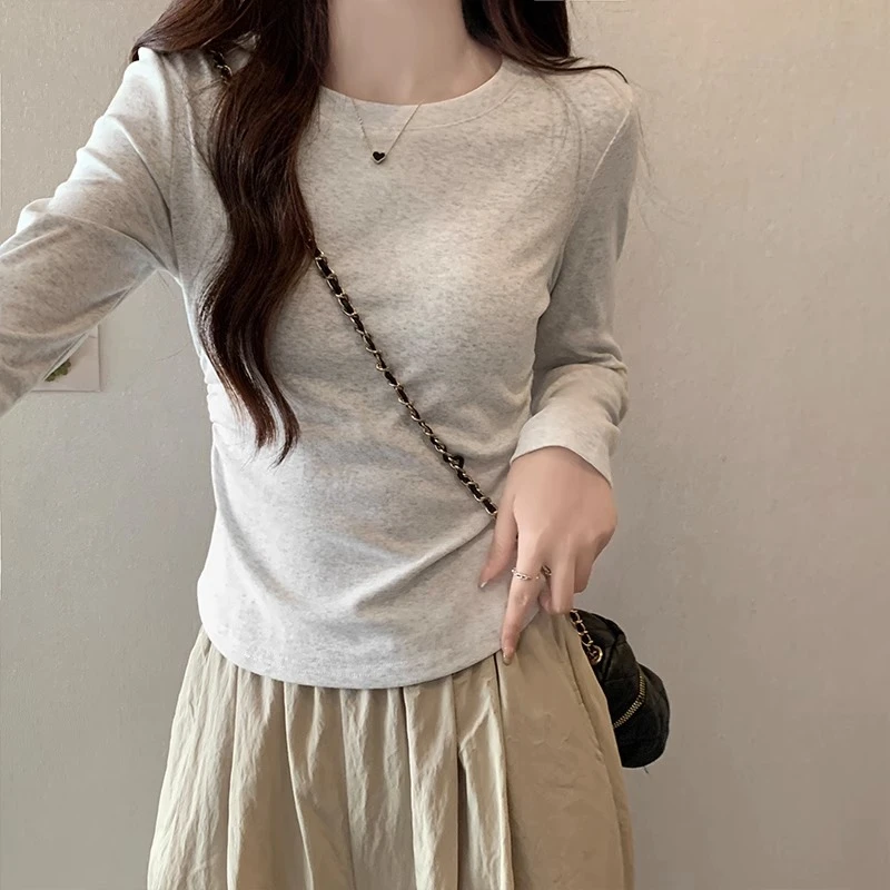 正肩圆领长袖上衣女春秋季单穿时尚褶皱收腰显瘦打底衫女内搭t恤1