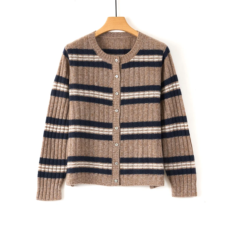 东达蒙古王【100%山羊绒】2025秋冬新款百搭条纹羊绒开衫-DMW5797T