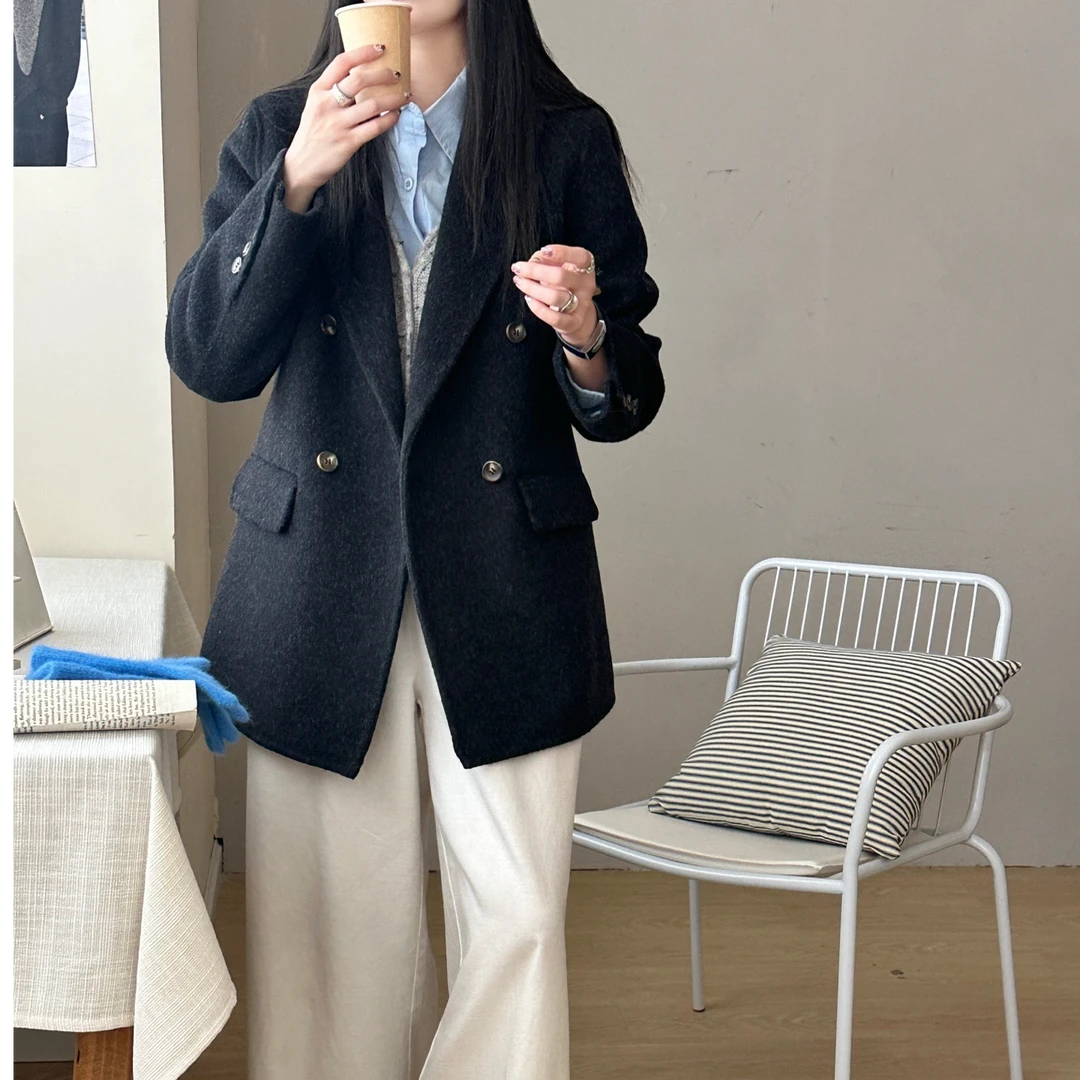 小施家南韩高端气质设计款纯色双面羊毛中长西装外套85072