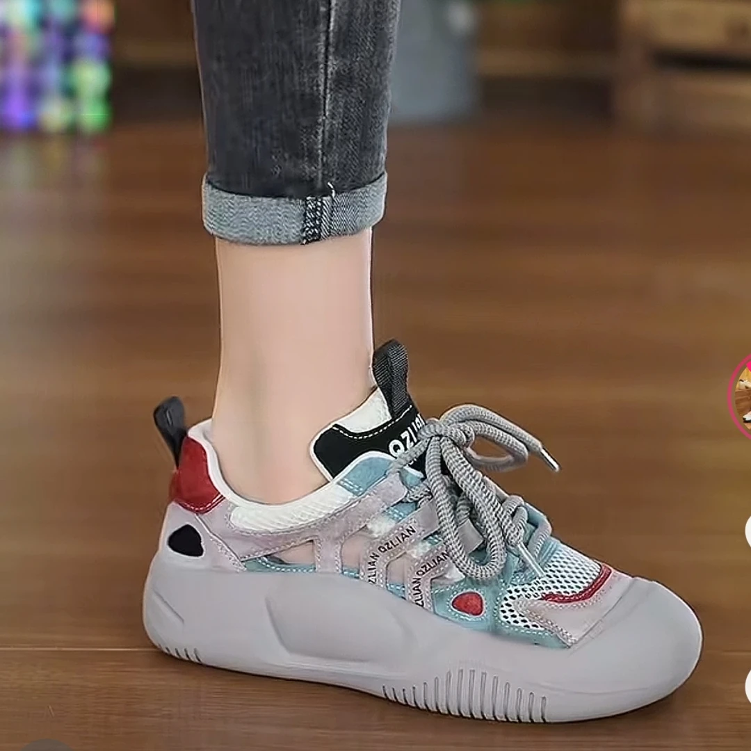 网面休闲鞋女2025夏季新款松糕厚底网面透气镂空洞洞凉鞋网鞋 J