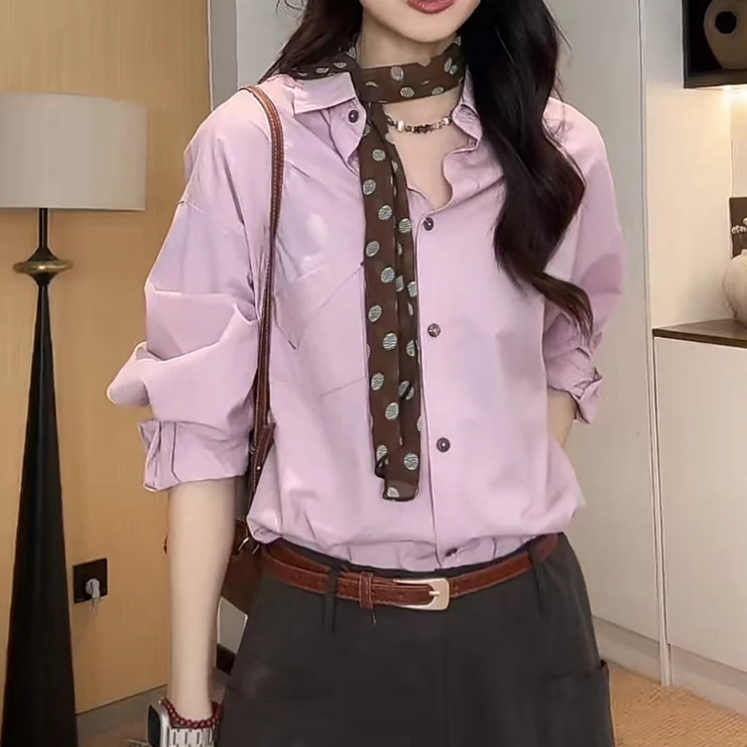 【花漾公园】韩版纯色简约翻领时尚百搭洋气衬衫上衣2025早春新款