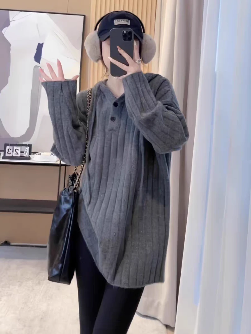 排扣连帽针织打底衫女装春秋冬季2025年新款爆款欧货小衫毛衣上衣