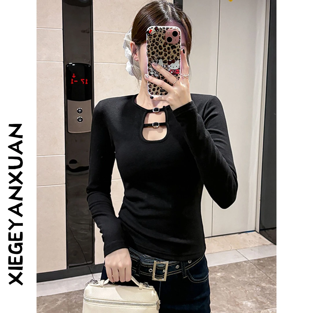 纯欲风打底衫女春秋辣妹显瘦设计感螺纹修身上衣加绒内搭t恤