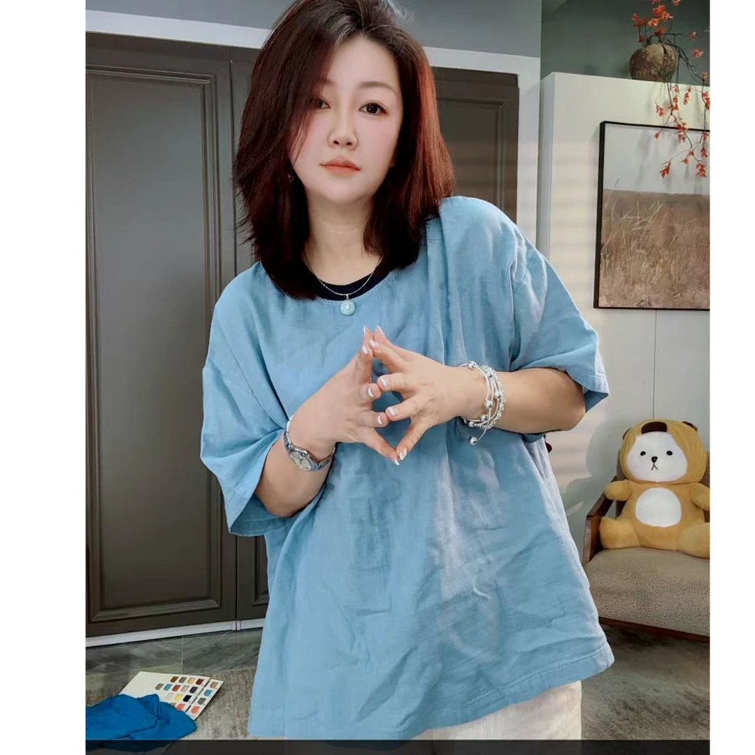 【广州薇姐】宽松型半袖落肩袖复古简约休闲常规款T恤圆领3138