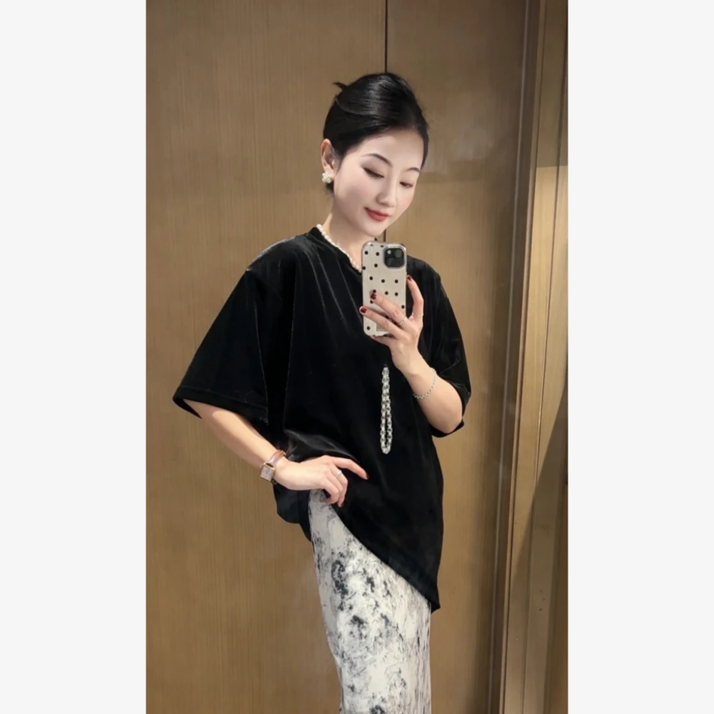 丽丽穿搭【丝绒T恤】早春黑色宽松扩版短袖T恤内搭纯色上衣女