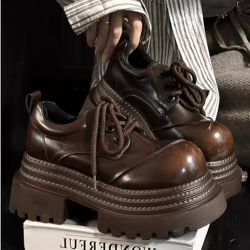 欧货软皮厚底小皮鞋女英伦风圆头系带单鞋德比鞋小个子增高乐福鞋