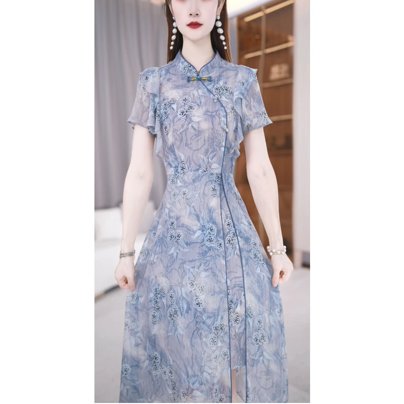【连衣裙】夏季新款旗袍领气质高贵时尚显瘦收腰中长款连衣裙M-4XL