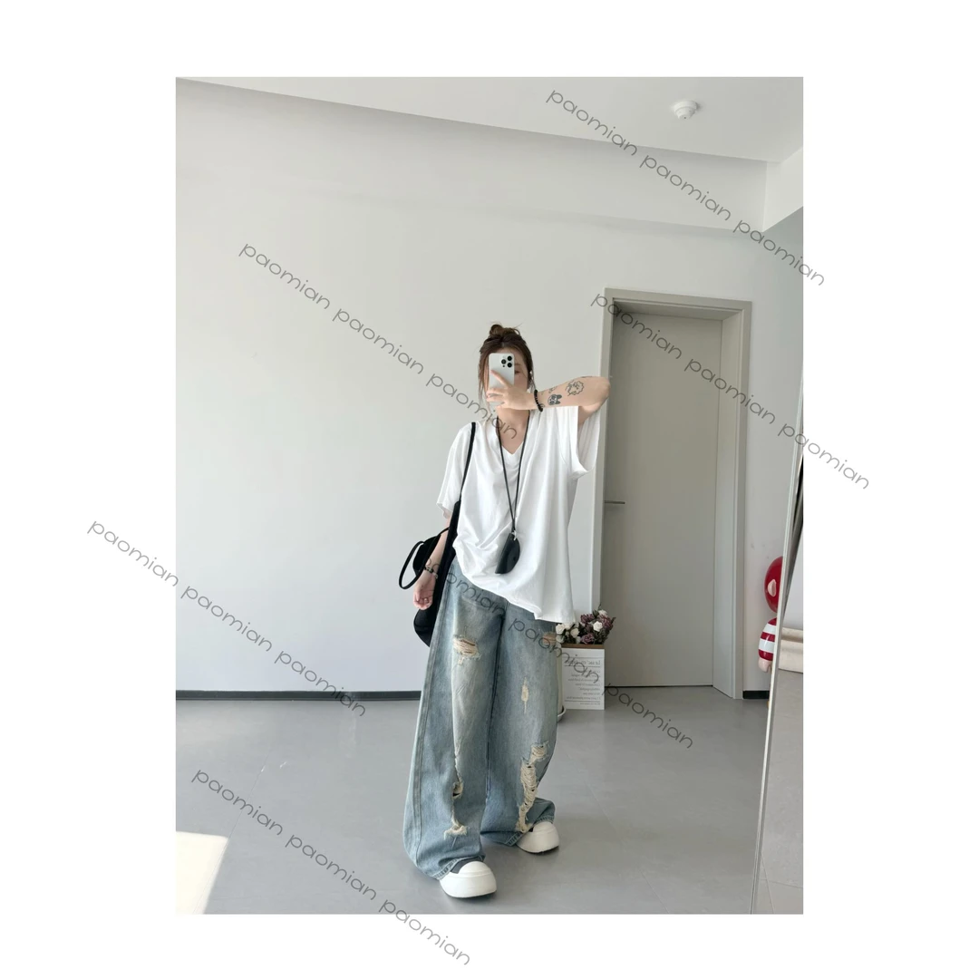 潮牌破洞牛仔裤男女款夏季高街痞帅直筒阔腿长裤美式水洗做旧牛仔