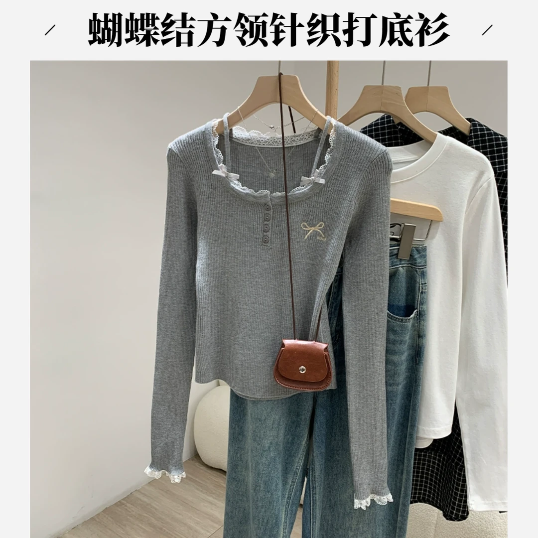 灰色蝴蝶结蕾丝花边方领露锁骨针织衫女秋冬新款纯欲修身内搭上衣