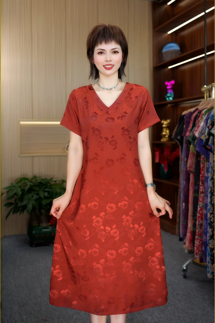 A-25161时尚显瘦连衣裙V领香槟色玫瑰