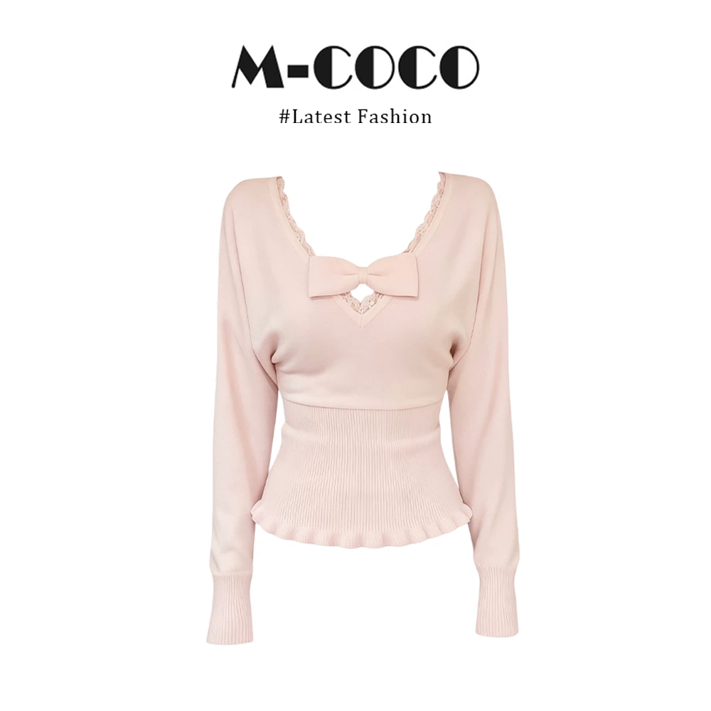 桃系蝙蝠袖私藏粉色V领上衣春秋修身显瘦蝴蝶结针织衫