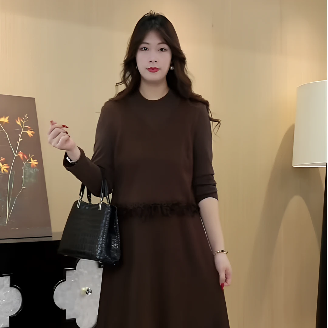 菲姐定制轻奢女装新款气质显瘦休闲百搭中长款假两件连衣裙ZB6422