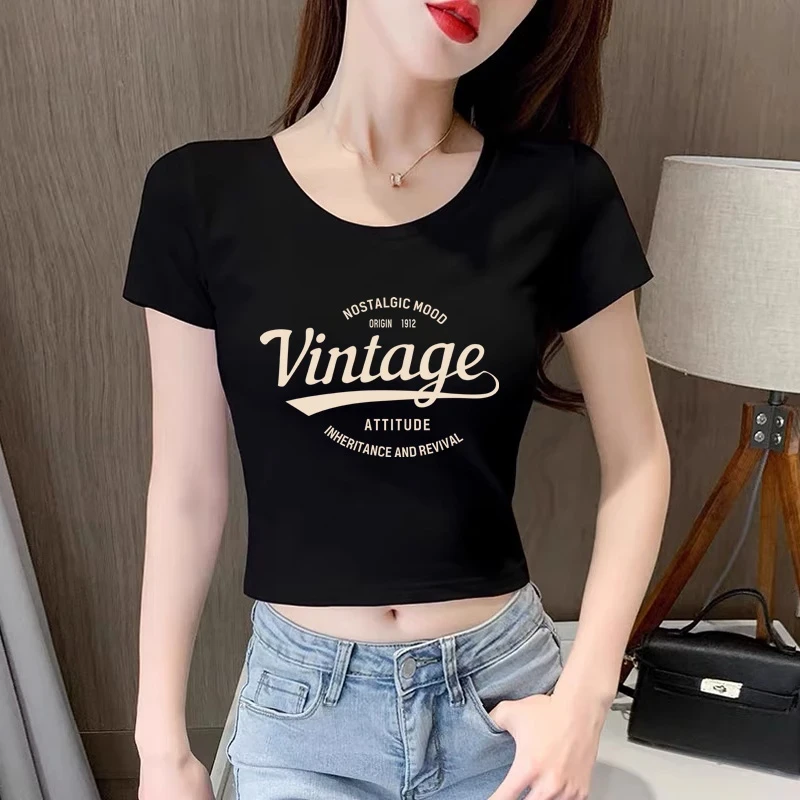 短袖黑色t恤女短款圆领高腰露脐韩版修身2025年夏季韩版上衣ins潮