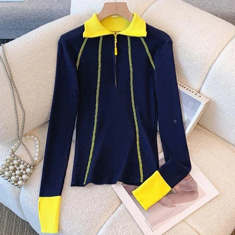 2025气质长袖女款重工明线半拉链撞色爆款打底衫女内搭可外穿洋气